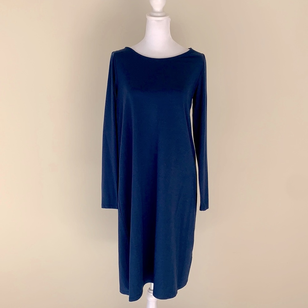 Eileen Fisher Ballet Neck Dress. NWT. Petite M. Blue. Jersey Knit